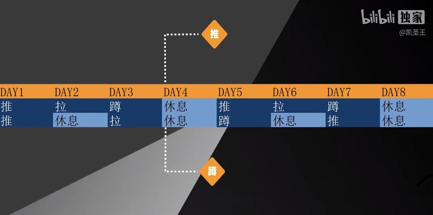 5×5 的八天排期：推、拉、蹲和休息日